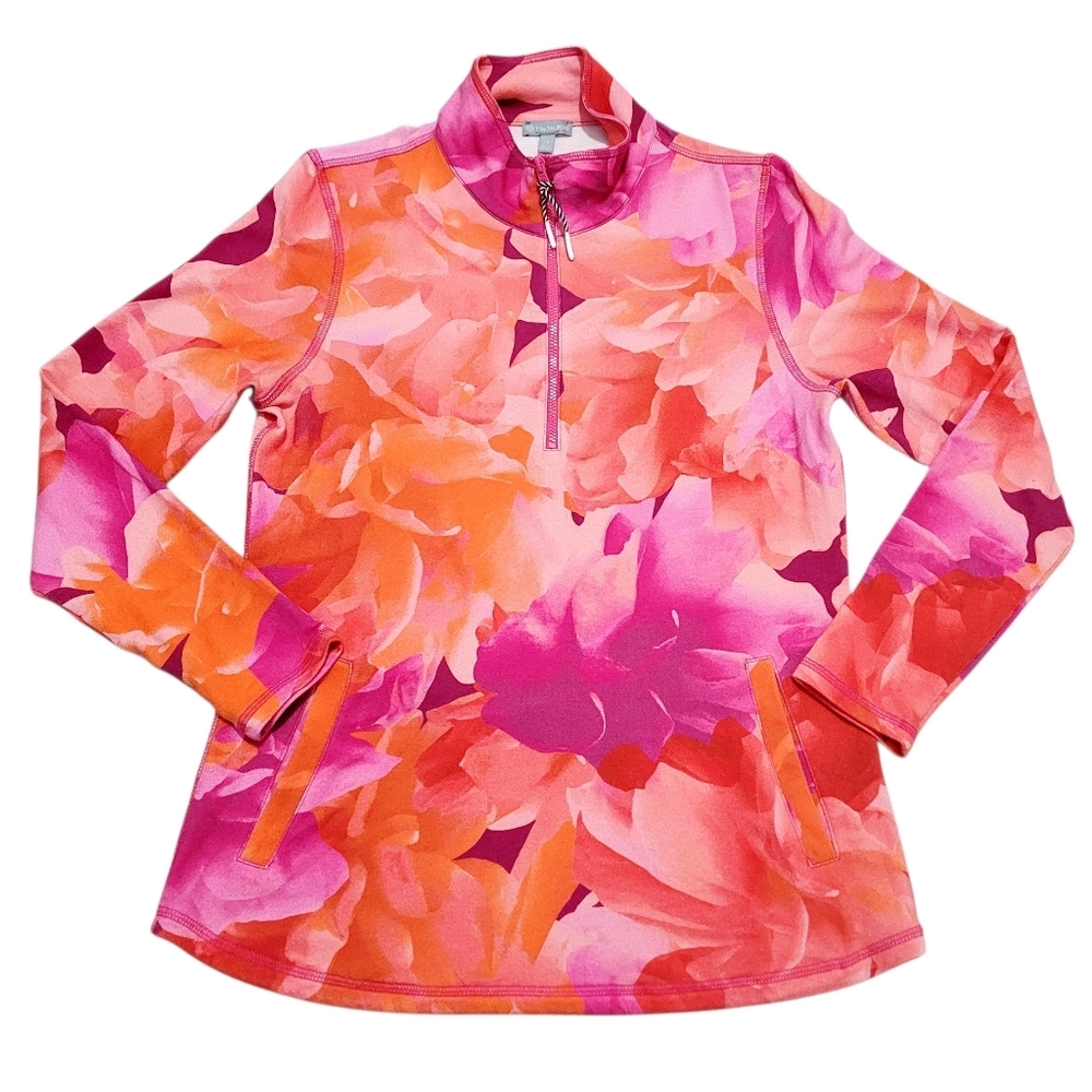 Talbots Size XS 1/4 Zip Pullover Pink Orange Floral Stretch Top Pockets Golf - Picture 4 of 14